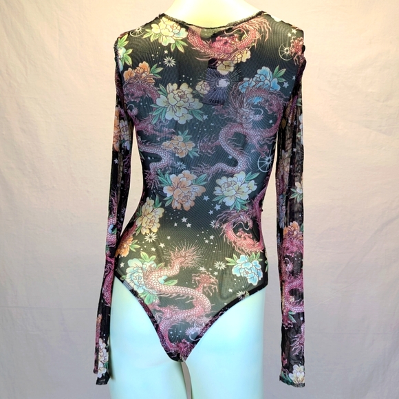 Rue21 Black Sheer Long Sleeve Dragon Print Mesh One-Piece Bodysuit (1-xs & 1-s) - Picture 5 of 13